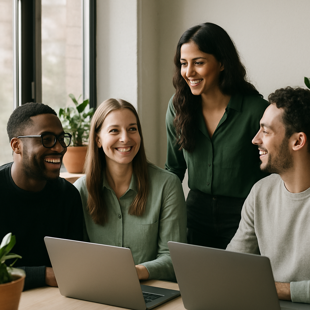 A diverse group of teammates smiling looking over their laptops at each other next to a window with sunlight streaming through it There are a few potted plants on the desks next to them Some of the people are sitting and some are standing It must loo