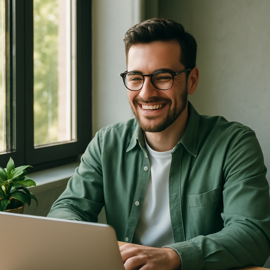 A happy smiling man looking over his laptop next to a window with sunlight streaming through it He has a potted plant on his desk next to him It must look like a photograph Include the following colors black sage green forest green white light gray