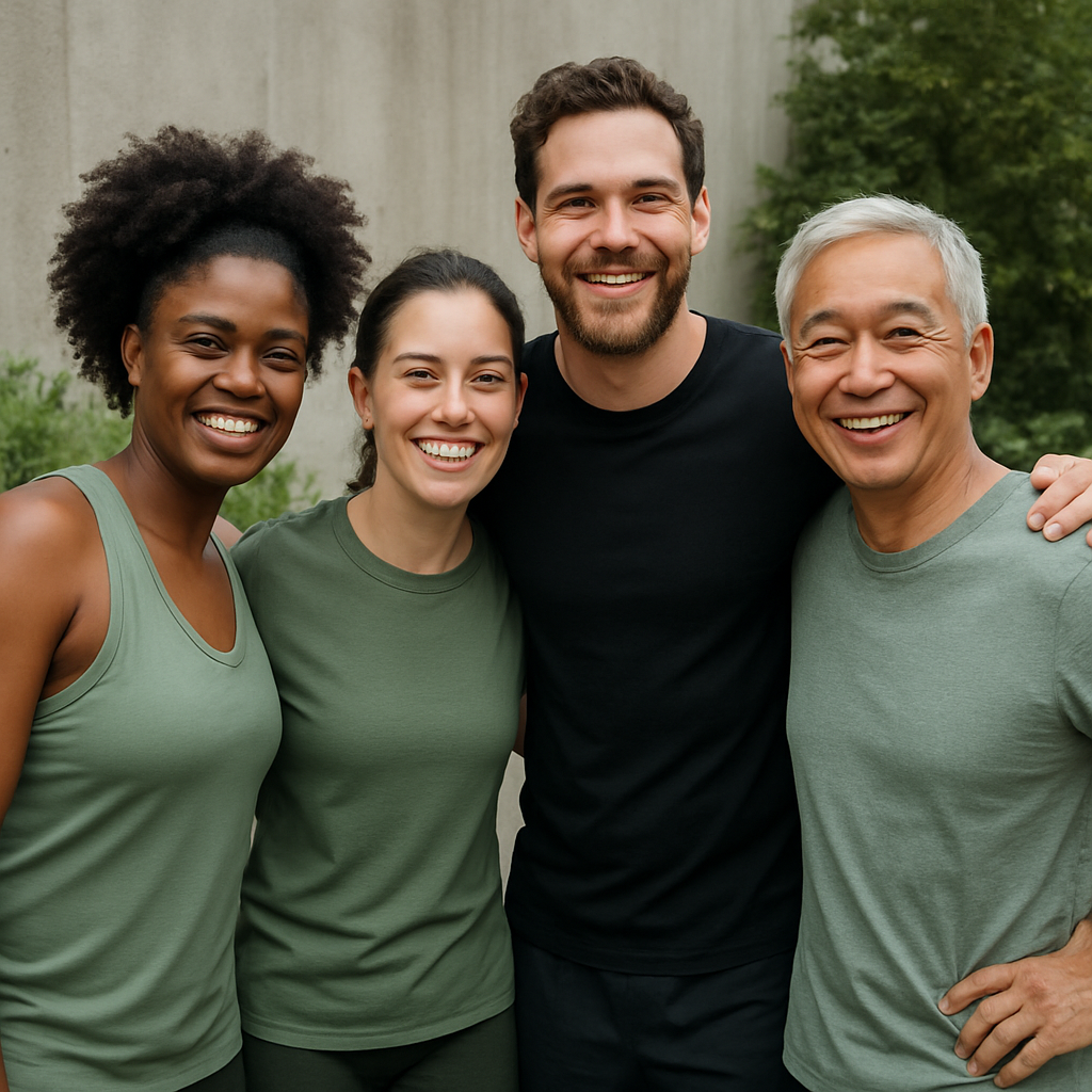 Use the colors black sage green forest green white and light gray This should look like a photograph Show a diverse group of people who look strong and happy