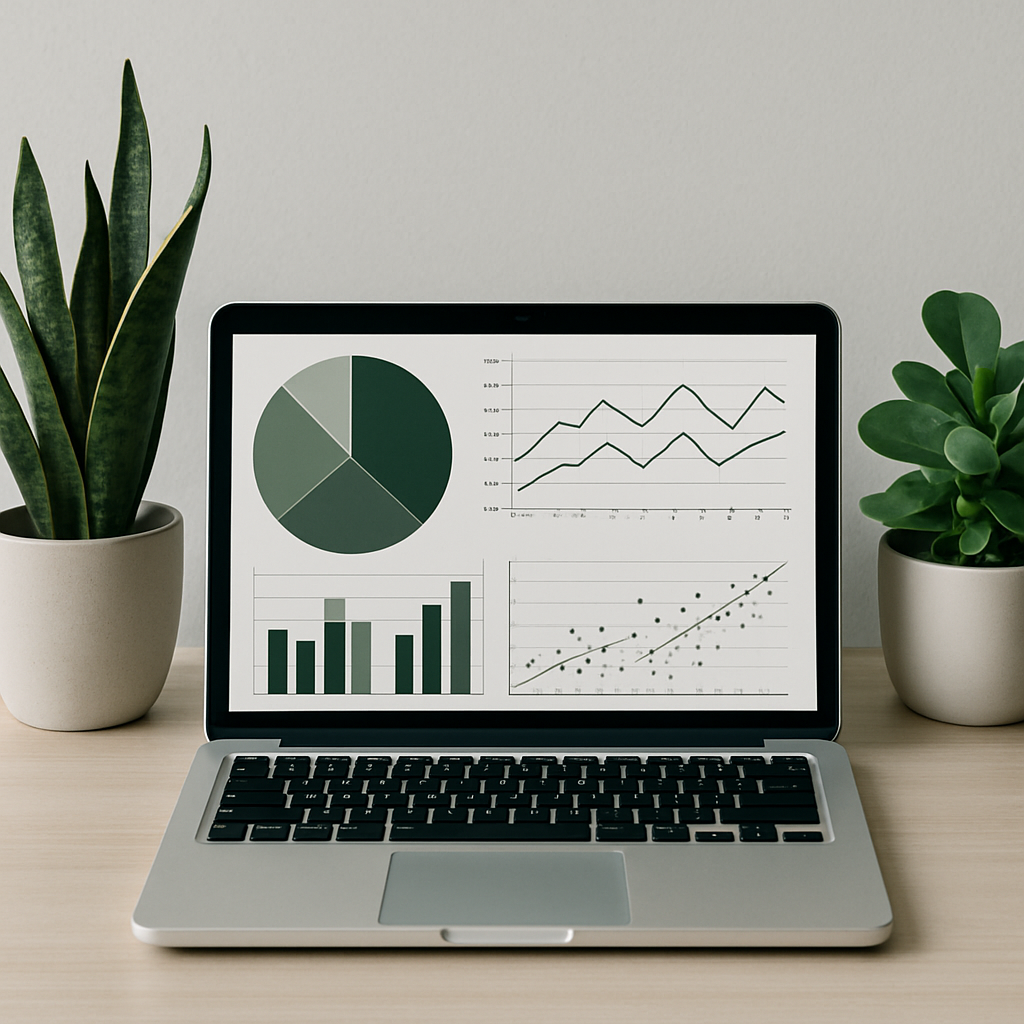 Use the colors black white light gray sage green and forest green This should look like a photograph Show a laptop with a dashboard full of charts to represent unified audit frameworks but WITH NO WORDS ON IT Show two plants on the desk next to the l