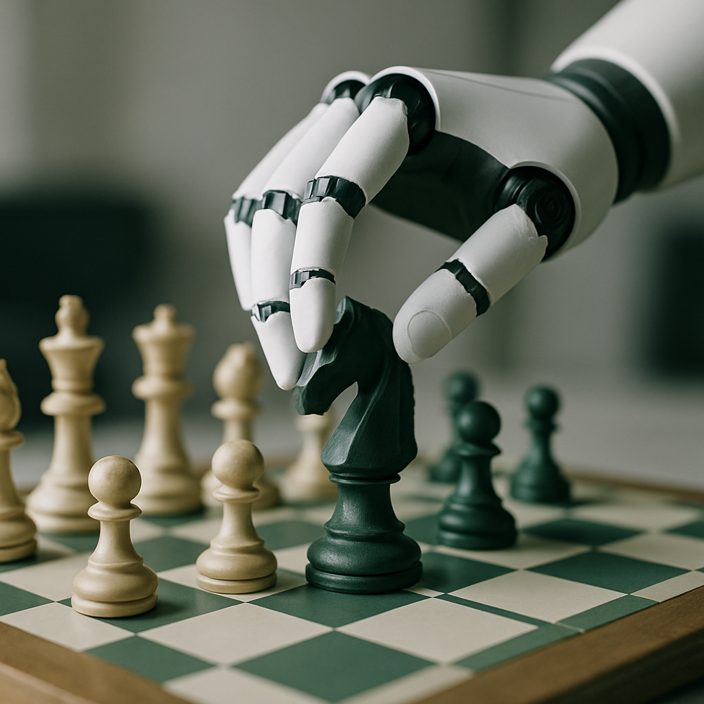 Use these colors black white light gray sage green and forest green This should look like a photograph Show a robots hand playing chess-1